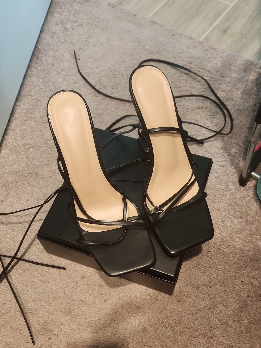 Black Strappy Square-Toe Lace-Up Heels